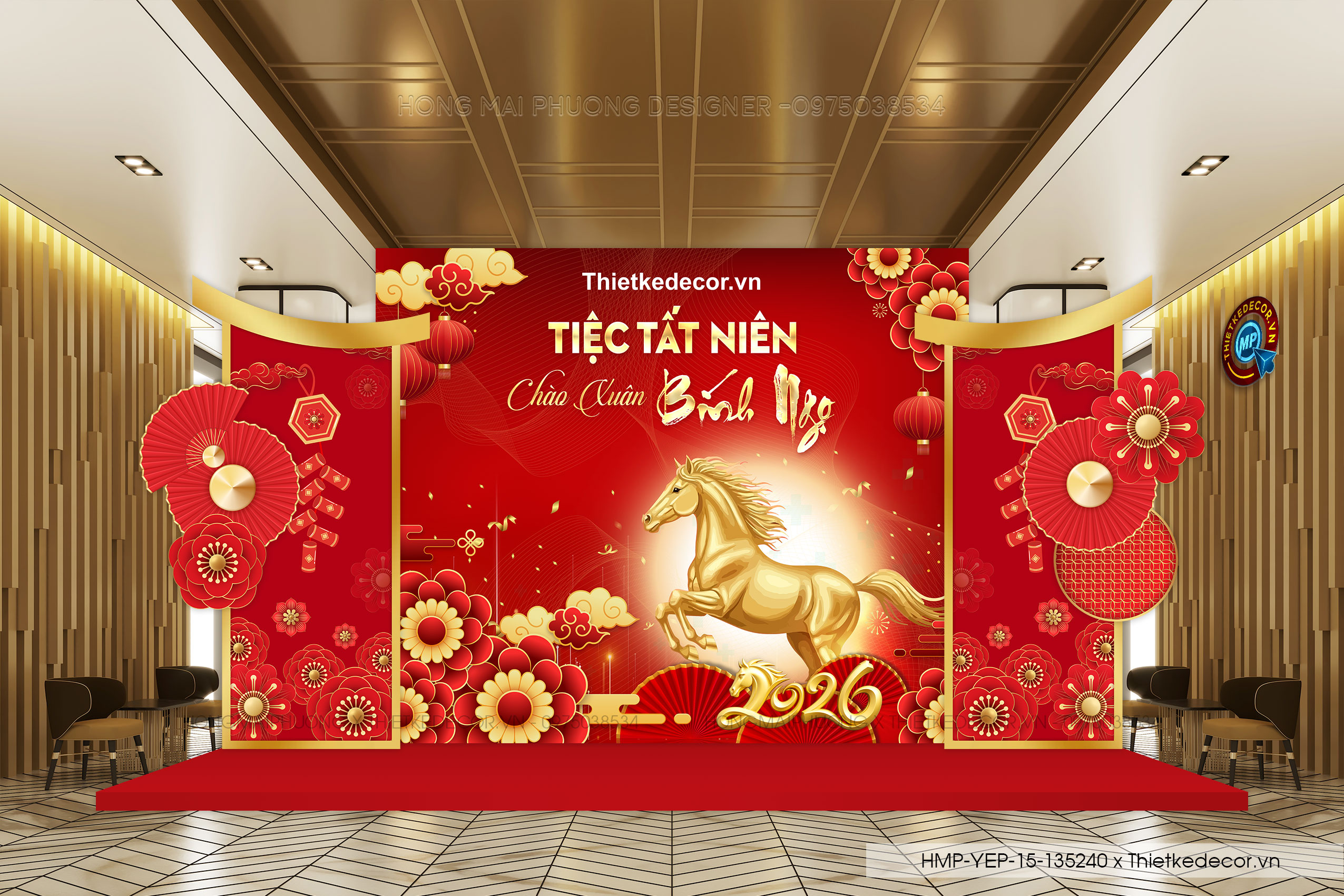 File thiết kế tiệc Tất niên 2025, Year End Party 2025 tone đỏ vàng trang trí bong bóng căng bạt sang trọng cho công ty.